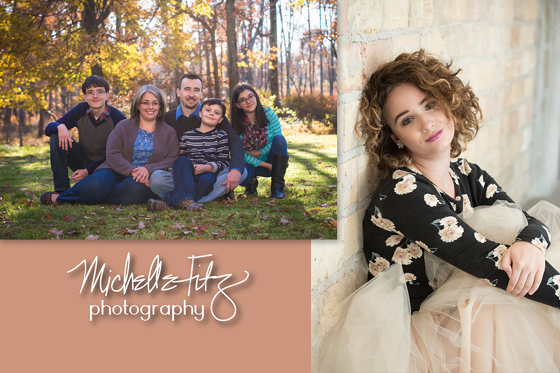Elliott family photograph on a fall day and Maddy senior photograph leaning against a brick wall.